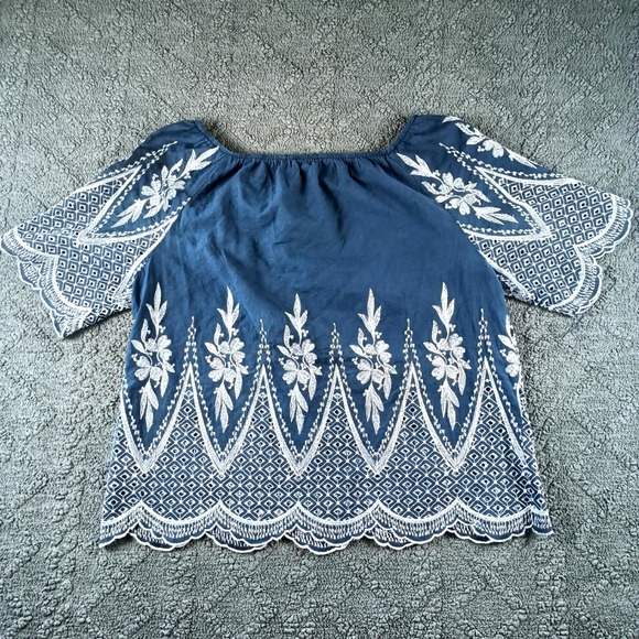 Sapphire Women XL Navy Blue Embroidered Cotton Boho Blouse Eyelet Scallop Hem - Picture 6 of 6